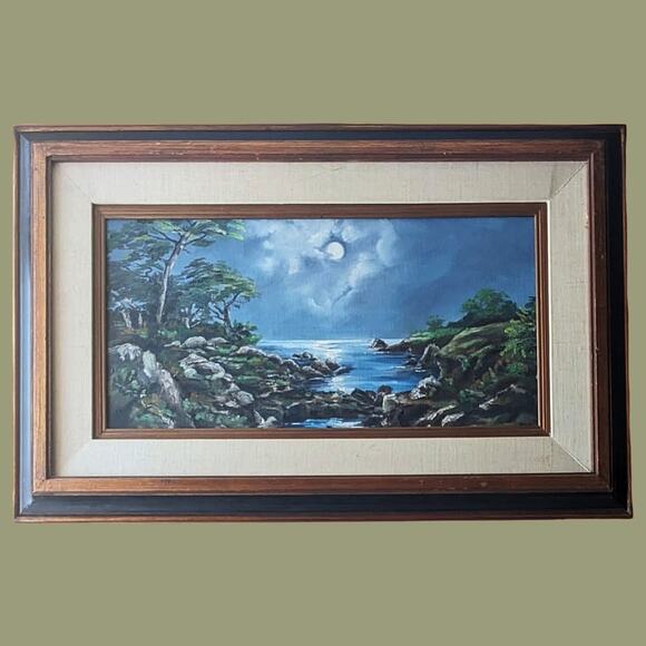 Vintage 1970s Mexican Moonlit Bay Framed Oil Painting, Unsigned - Picture 1 of 5